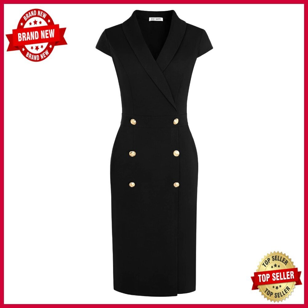 Bodycon Work Dress Midi Cap Sleeve Button Pencil Formal Elegant Office Wear